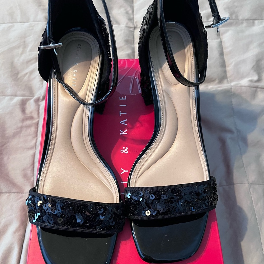 Black Heeled Sequined Sandals
